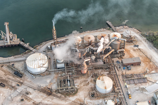 Directly above an oil refinery along the Houston Ship Channel shot via helicopter from an altitude of about 600 feet.