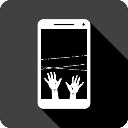 Vector illustration of a smartphone with hands reaching up behind barbed wire against a black background in flat style.