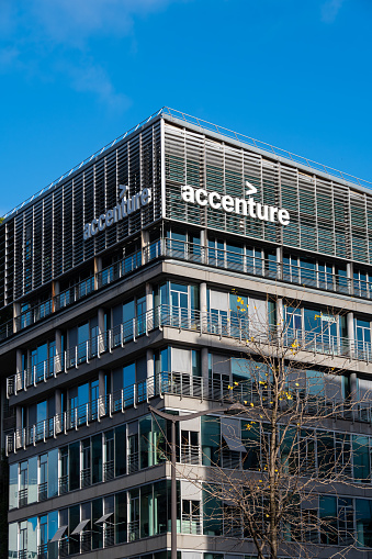 Paris, France - November 15, 2023: Facade of the French headquarters of Accenture. Accenture is a professional services company specializing in information technology (IT) services and consulting