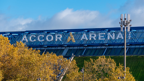 Paris, France - November 15, 2023: Exterior view of the Accor Arena also known as Palais Omnisports de Paris-Bercy (POPB) or Bercy Arena, venue hosting sports competitions and concerts