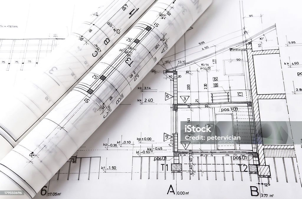 Proyecto de edificios rollos de dibujos y los planes blueprints - Foto de stock de Actuación - Representación libre de derechos