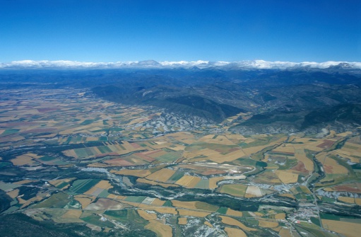 Aerial view of valley of Rio Aragon, Spain