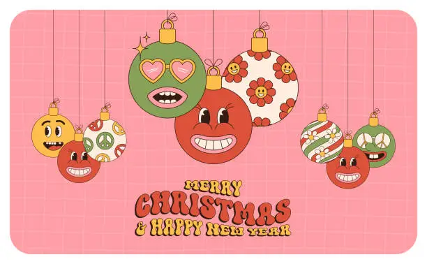 Vector illustration of groovy christmas greeting card. Merry Christmas and Happy New year greeting card, poster, print, party invitation, background.