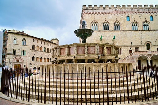 The historic centre of Perugia, Italy. It is the capital of Unbria. The hilltop town is home to the University of Perugia. The Piazza iV November with Palazzo del Priori and Fountain Maggiore.Rocca Paolina is a subterranean city, the underground remains of tunnels, archways, and alleys.