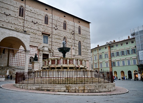 The historic centre of Perugia, Italy. It is the capital of Unbria. The hilltop town is home to the University of Perugia. The Piazza iV November with Palazzo del Priori and Fountain Maggiore.Rocca Paolina is a subterranean city, the underground remains of tunnels, archways, and alleys.