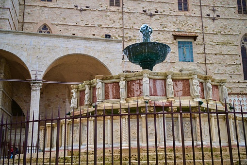 The historic centre of Perugia, Italy. It is the capital of Unbria. The hilltop town is home to the University of Perugia. The Piazza iV November with Palazzo del Priori and Fountain Maggiore.Rocca Paolina is a subterranean city, the underground remains of tunnels, archways, and alleys.