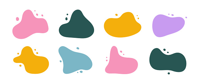 Abstract organic shapes collection. Irregular liquid forms set. Bright amoeba blobs, blotches, drops or stains bundle. Different design elements for label, sticker, banner, tag, collage. Vector pack