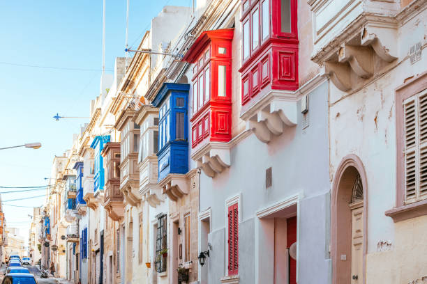 Traditional colorful balconies in Malta stock photo