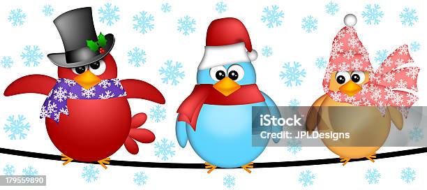 Trzy Narodzenia Ptaków Na Drut Ilustracja - zdjęcia stockowe i więcej obrazów Boże Narodzenie - Boże Narodzenie, Czapka Świętego Mikołaja, Czerwony