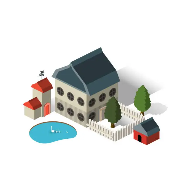 Vector illustration of Isometric European Farm School Building - European School - Small Town - Villages in Europe - Destination Europe - Travel Spot - Locations - Places in Europe - European Architecture - Travel Rentals