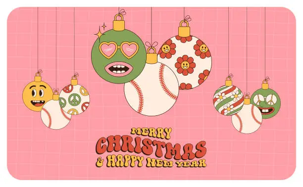 Vector illustration of baseball Merry Christmas and Happy New Year groovy Sports greeting card. Hanging ball as a groovy Christmas ball on vibrant background. Vector illustration.