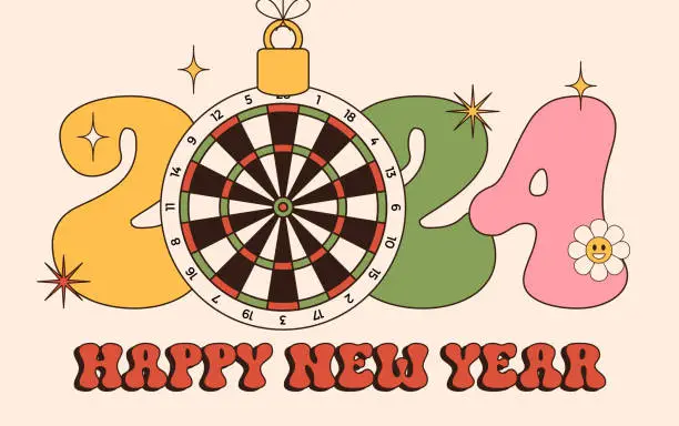 Vector illustration of dart Groovy Happy New Year 2024 with ball. Sports groovy greeting card with sport ball. Vector illustration