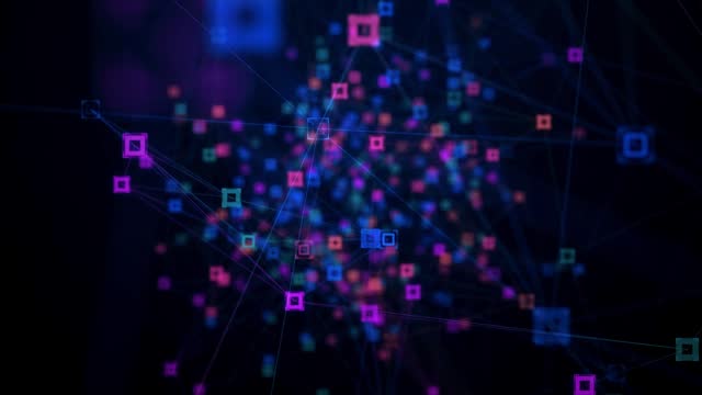 Abstract Digital Futuristic Blue Purple Shiny Selected Focus Zooming Random Connected Lines And Square HUD Particles Wireframe Network