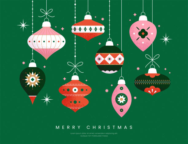 kartu ucapan selamat natal. gaya geometris minimalis modern. poster desain natal, sampul liburan. koleksi bola yang berbeda. ornamen abstrak berwarna-warni yang meriah. ilustrasi datar vektor trendi. - christmas ilustrasi stok