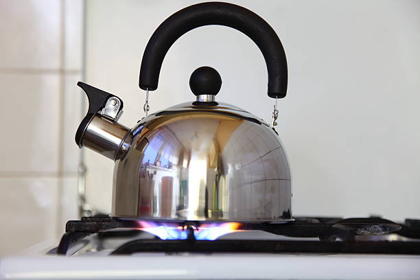 istock tea kettle on a flaming gas stove. 179564143