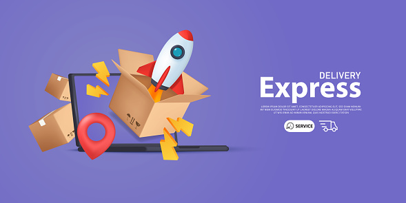 Rocket Delivery Posts 3d Delivery Box Express Delivery Rocket Launch From Box With Laptop On ...