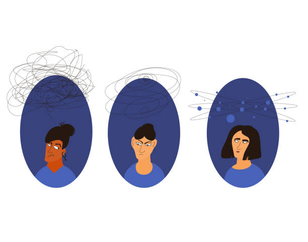 istock Mental issues. Three women with lot of confusing thoughts, bad mood, depression, anxiety, stress. Female persons with special needs. Vector illustration. 1795682228