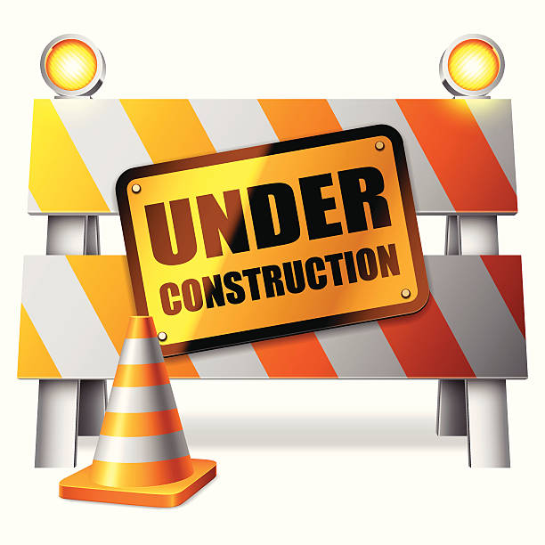 Under construction barrier. Under construction barrier, warning sign and traffic cone. under construction sign stock illustrations