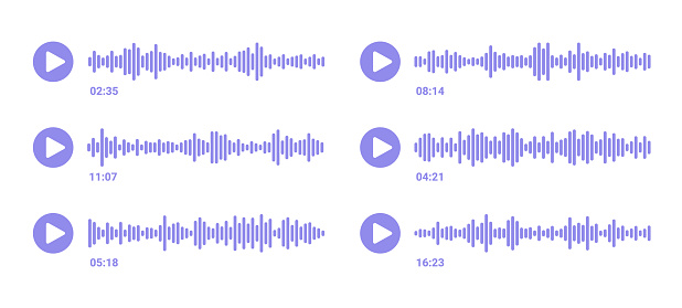 Sound wave message. Social audio of voice. Podcast soundwave player. Volume equalizer icon with noise spectrum and play button. Record music. Shape of mobile talk track. Vector illustration.