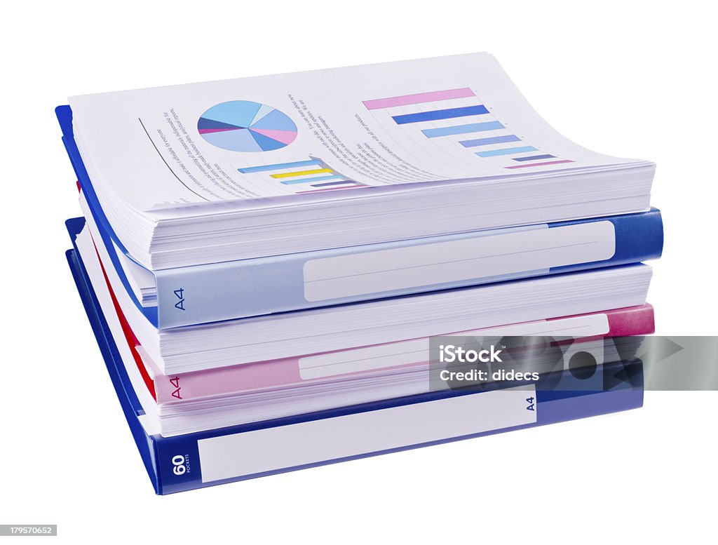 Pile of papers and binders Pile of papers and binders isolated on white. Book Stock Photo