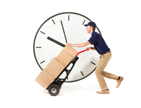 Subject: A speedy reliable and on-time package delivery personnel with packages on cart