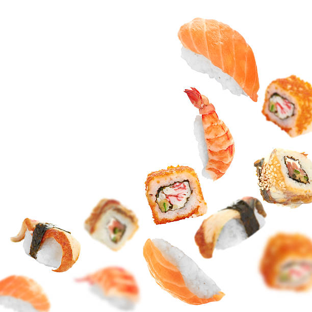 istock Sushi pieces flying on white background 179572487