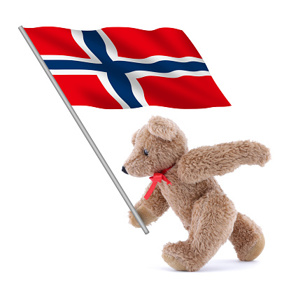 A Norway flag being carried by a cute teddy bear