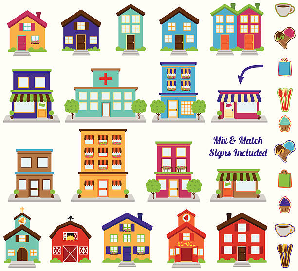 ilustraciones, imágenes clip art, dibujos animados e iconos de stock de vector colección de la ciudad y de los edificios de la ciudad, entre los que s'incluyen varias señales - townhomes