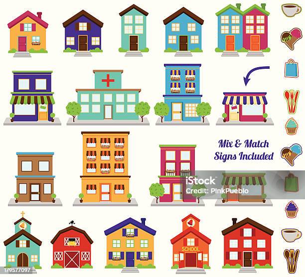 Vector Collection Of City And Town Buildings Including Various Signs Stock Illustration - Download Image Now