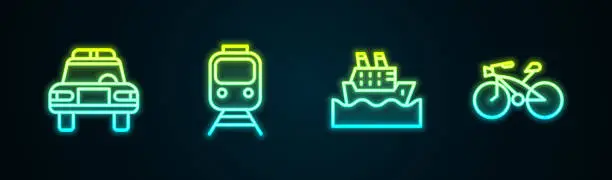 Vector illustration of Set line Police car and flasher, Train railway, Cruise ship and Bicycle. Glowing neon icon. Vector