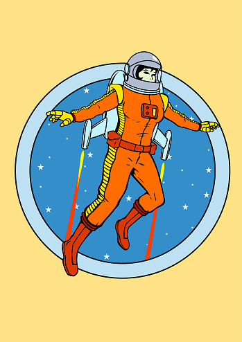 A retro style vector illustration of a flying female astronaut logo. Easy to pick and edit. Spaces available for your copy.