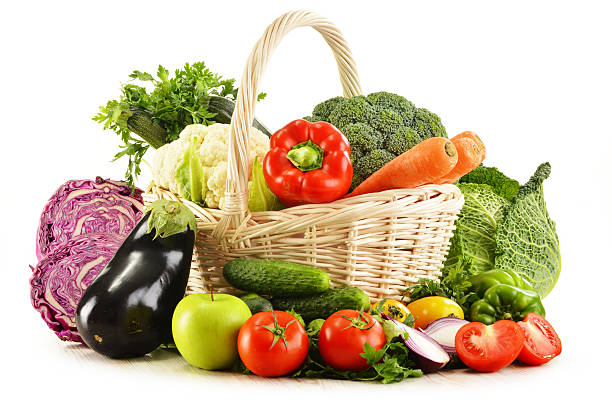 istock Assorted vegetables in wicker basket isolated on white 179578967