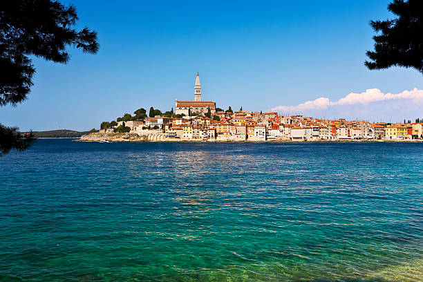 Croatia. Istrian peninsula. Rovinj (Rovigno). General view of the Old Town with St. Euphemia's Basilica from St. Catherine (Sv. Katarina) Island