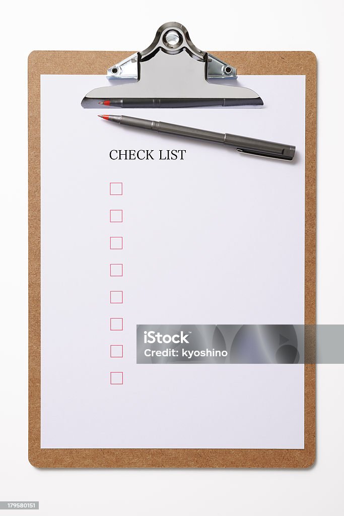 絶縁ショットをクリップボードに白い背景の上に空白のチェックリスト - からっぽのロイヤリティフリーストックフォト