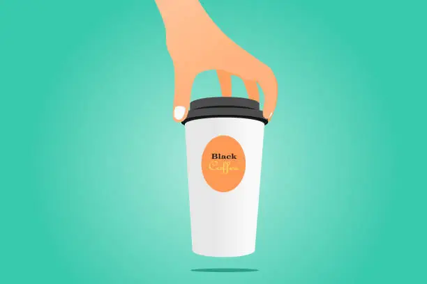 Vector illustration of Hand holding a Coffee paper cup isolated on green background. Mockup. Vector illustration.