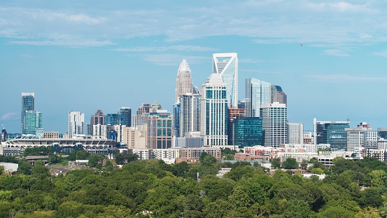 Drone Aerial of Downtown Charlotte, North Carolina, NC, USA Skyline.