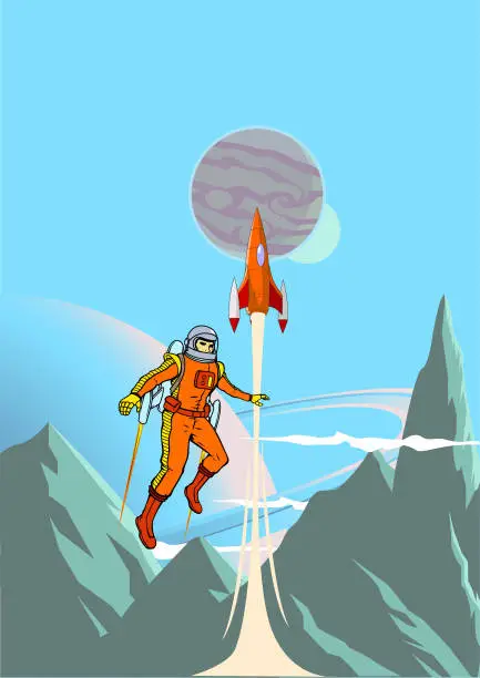 Vector illustration of Vector Retro Astronaut Exploring a Planet on a Jetpack Poster Stock Illustration