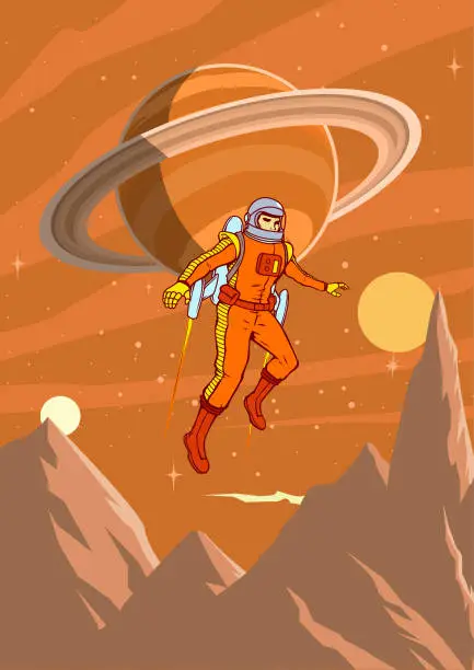 Vector illustration of Vector Retro Vintage Astronaut Exploring a Planet on a Jetpack Poster Stock Illustration