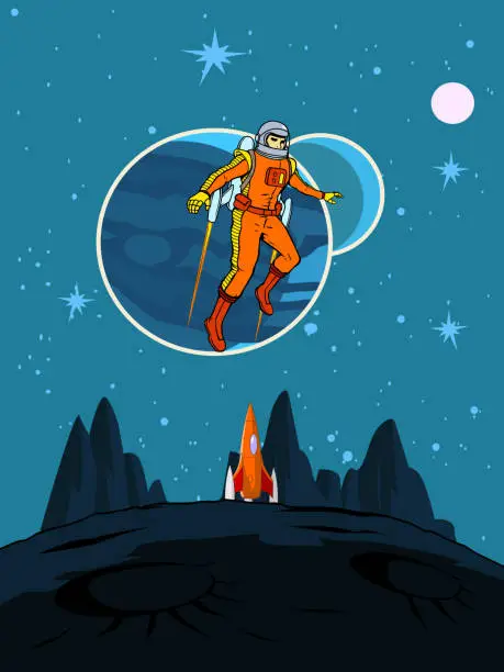 Vector illustration of Vector Retro Vintage Astronaut Exploring a Moon Surface on a Jetpack Poster Stock Illustration