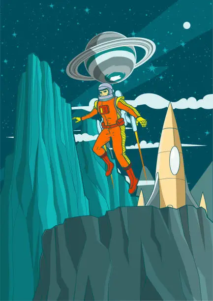 Vector illustration of Vector Retro Vintage Astronaut Exploring a Moon Surface on a Jetpack Poster Stock Illustration