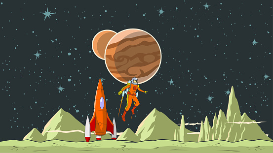 A retro vintage style vector illustration of an astronaut exploring a planet while flying with a jetpack. Wide space available for your copy. Easy to grab and edit.