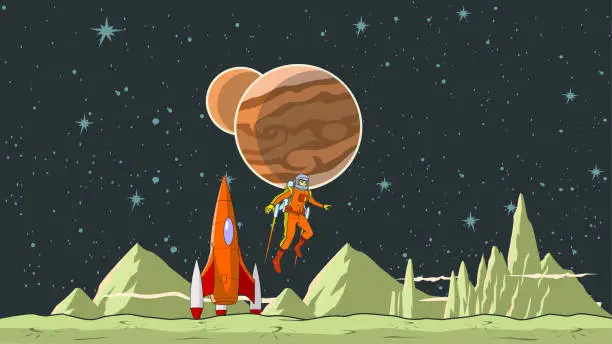 Vector illustration of Vector Retro Vintage Astronaut Exploring a Planet on a Jetpack Stock Illustration