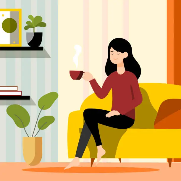 Vector illustration of A woman enjoying drinking tea in the living room Illustration