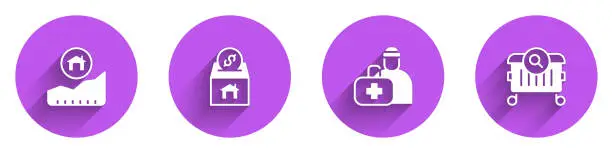 Vector illustration of Set Rising cost of housing, Donation and charity, First aid kit and Searching for food icon with long shadow. Vector