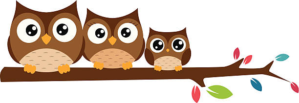 семейство owls сб on a tree branch - owl young animal bird mother stock illustrations