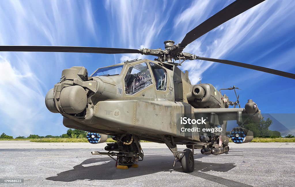 Attack chopper with missiles Modern military helicopter AH-64 Apache bristling with armaments, missiles, radar and sensors Apache Helicopter Stock Photo