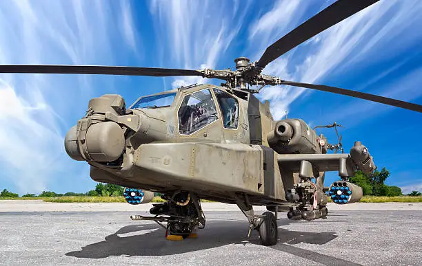 Modern military helicopter AH-64 Apache bristling with armaments, missiles, radar and sensors