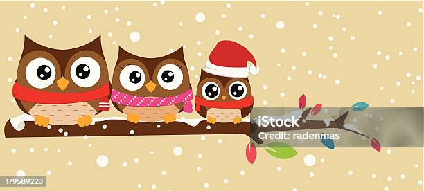 Owl Family On The Branch Christmas Banner Stock Illustration - Download Image Now - Animal, Animal Body Part, Animal Wing