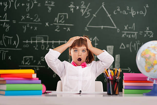 Shocked cute pupil in classroom Shocked cute pupil in classroom  blackboard child shock screaming stock pictures, royalty-free photos & images