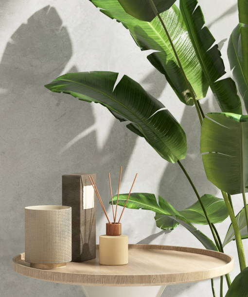 istock Round wooden podium table, aroma reed diffuser, tropical tree plant in sunlight on wall 1795901080